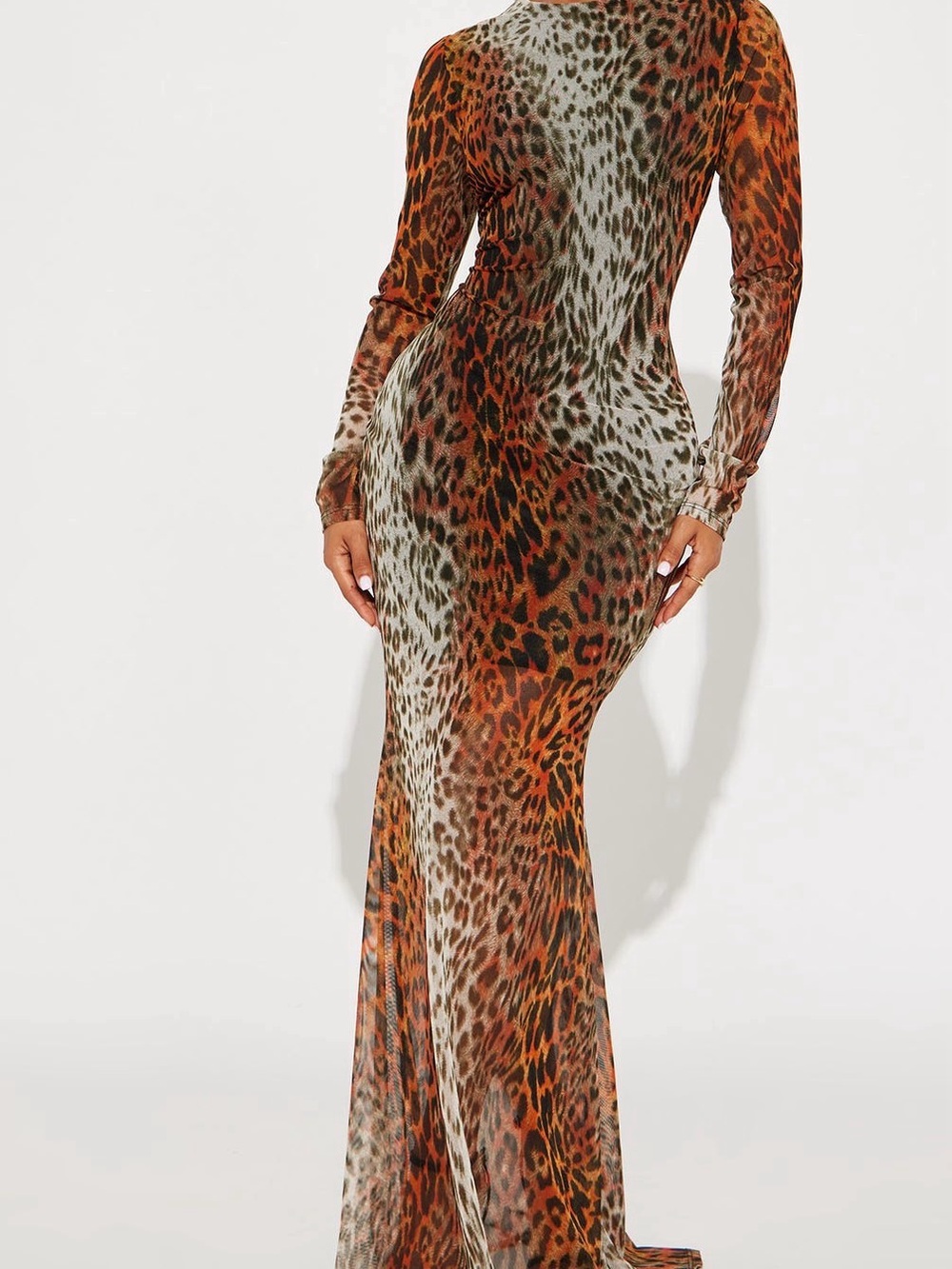 Fashion Nova Long Sleeve Leopard Print Maxi Dress in Brown and Tan